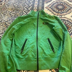 Green lucky 13 jacket. L but runs small. I’m 5’0 and size 6 and it’s perfect.